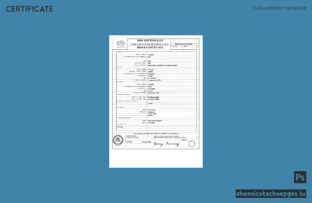 Australien, New South Wales, Geburtsurkunde im Word-Format, Version 2, Beispielvorschau